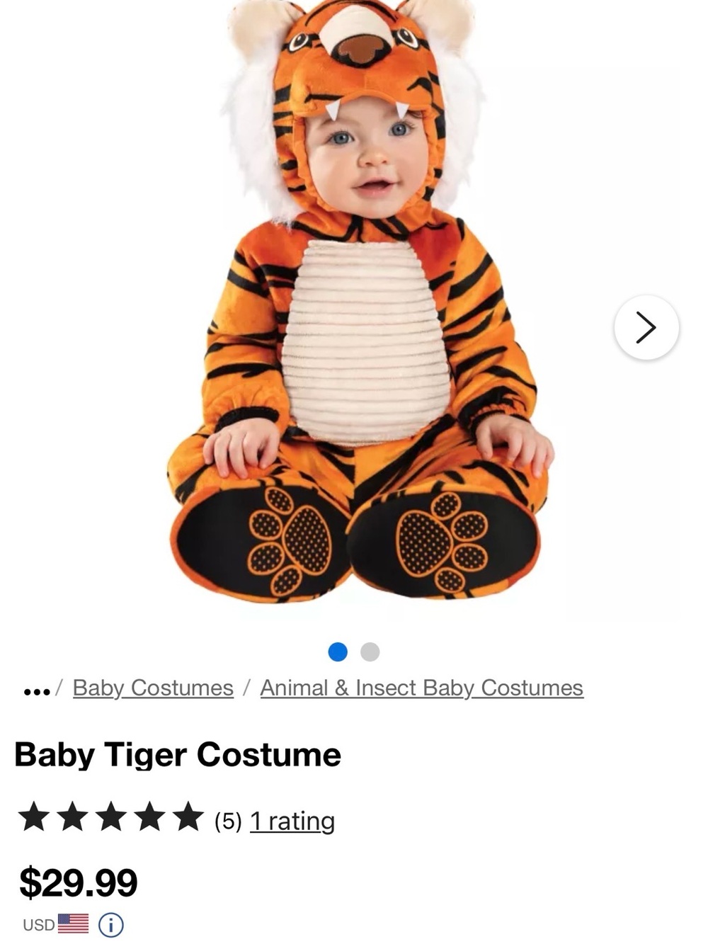 Baby Tiger Plush Hooded Costume - Size 12-18 months